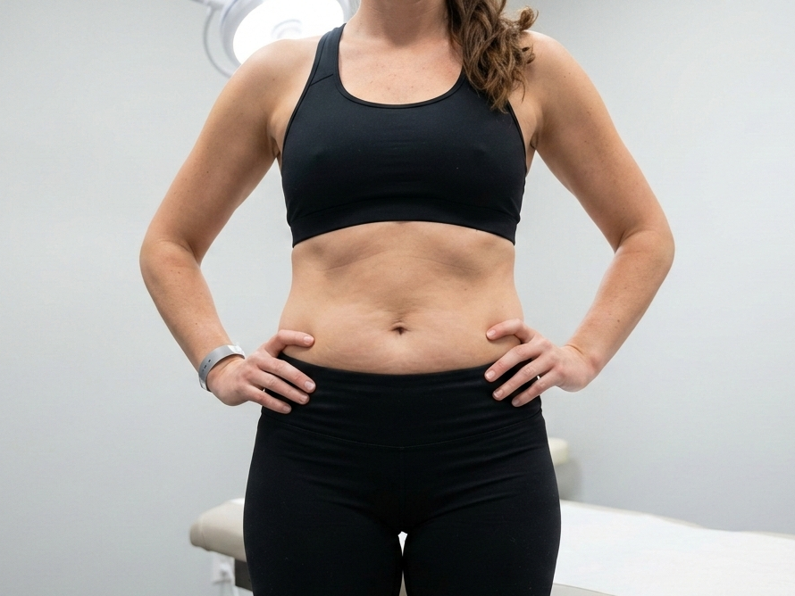 A woman in athletic wear stands with hands on hips in a medical exam room.