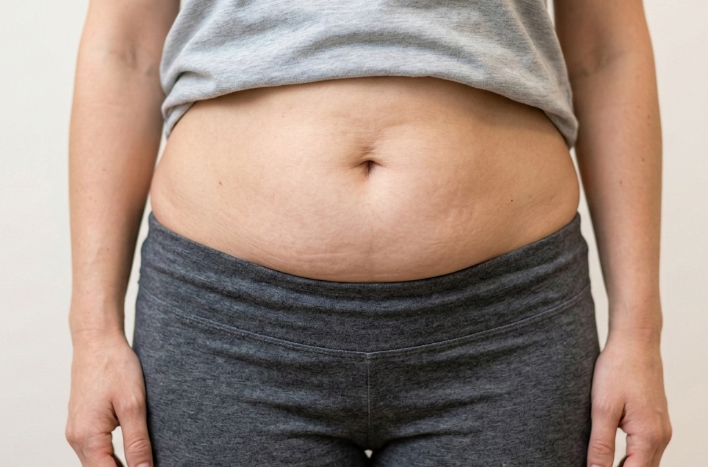 Close-up of a woman's lower abdomen in a medical aesthetic style, showing natural skin texture on a neutral background.